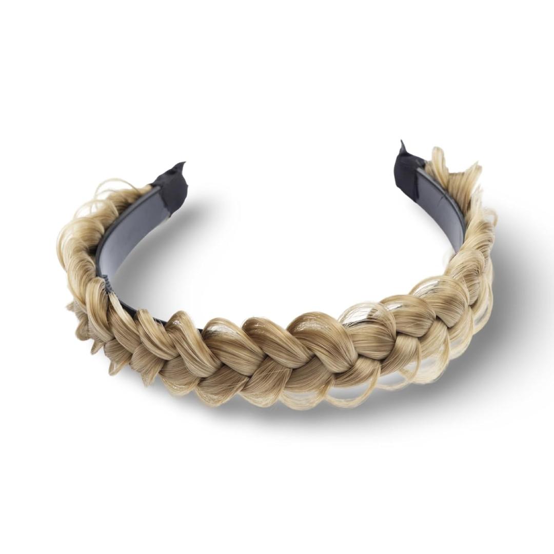 (CARAMEL BLONDE 8/14) Synthetic Hair Braided Headbands - Lightweight, Non-Slip Messy Braided Headband - Two Strands 4-inch Wide Headband with Teeth - Stylish Hair Accessories for Women/Girls