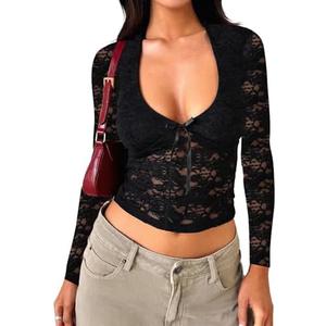 Falechay Women's Lace Long Sleeve Shirt Low Cut Y2K Slim Fit Top Bow Sexy Going Out Club Concert Clothes, S