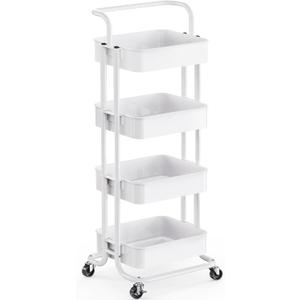 Pipishell 4 Tier Mesh Utility Cart, Rolling Metal Organization Cart with Handle and Lockable Wheels, Multifunctional Storage Shelves for Kitchen Living Room Office White, PIUC12W