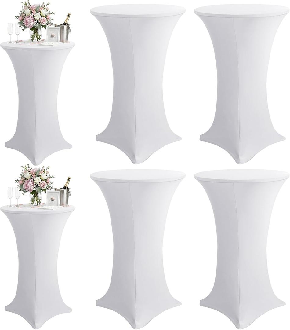 KeyWave Cocktail High Top Table Covers - 32x43 Inch Fitted Spandex Round Cocktail Tablecloth for Bar Height Standing Table Cloths Reusable, for Party Wedding Banquet Event Decorations, White, 6 Pack