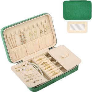 Travel Jewelry Organizer Box for Women Girls,Velvet Travel Jewelry Case with Mirror,Small Portable Jewelry Storage for Earring Necklace Bracelet Ring Case,Green