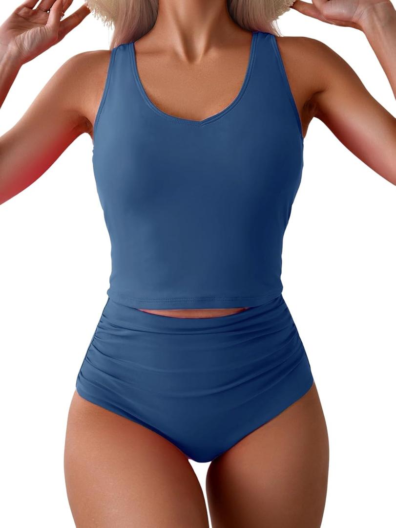 Eomenie Two Piece Tankini Swimsuits for Women Tummy Control Bathing Suits Cutout Back Swim Tank Top with High Waisted Bottom (Large, Denim Blue)