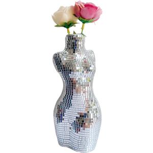 Modern Chic Vase Form, Centerpieces 7 inch Silver Handmade Ceramic Disco Shaped Vase, Creative Disco Floral Vases for Flowers Plant Boho Home Art Decor, 3x2.4x7inches