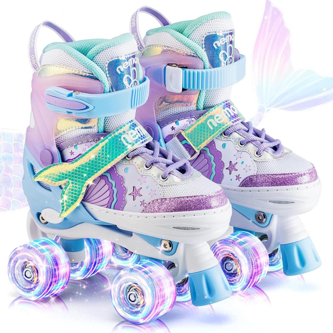 NEMONE Mermaid 4 Size Adjustable Light up Roller Skates for Girls, Purple Blue Skates for Toddlers, Beginner Kids Butterfly Roller Skates Indoor Outdoor (Medium - Big Kid)