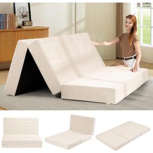 6-Inch Tri-Folding Mattress Queen Size - Foldable Futon Sofa Bed with Removable Washable Cover, Folding Futon Mattress | Non-Slip Bottom & Carry Handles for Guest, Camping, Dorm