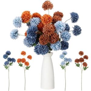 Giegxin 8pcs 21in Artificial Fall Chrysanthemum Flowers Burnt Navy with 5 Heads Ball Faux Kiku Flower Pompom Silk Mum Floral for Autumn Table Centerpieces Home Indoor Decoration(Orange and Navy Blue)