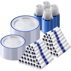 Goodluck 700 Piece Dark Blue Plastic Dinnerware Set for Party, Clear Disposable Plates for 100 Guests, Include: 100 Dinner Plates, 100 Dessert Plates, 100 Pre Rolled Napkins with Cutlery Set, 100 Cups