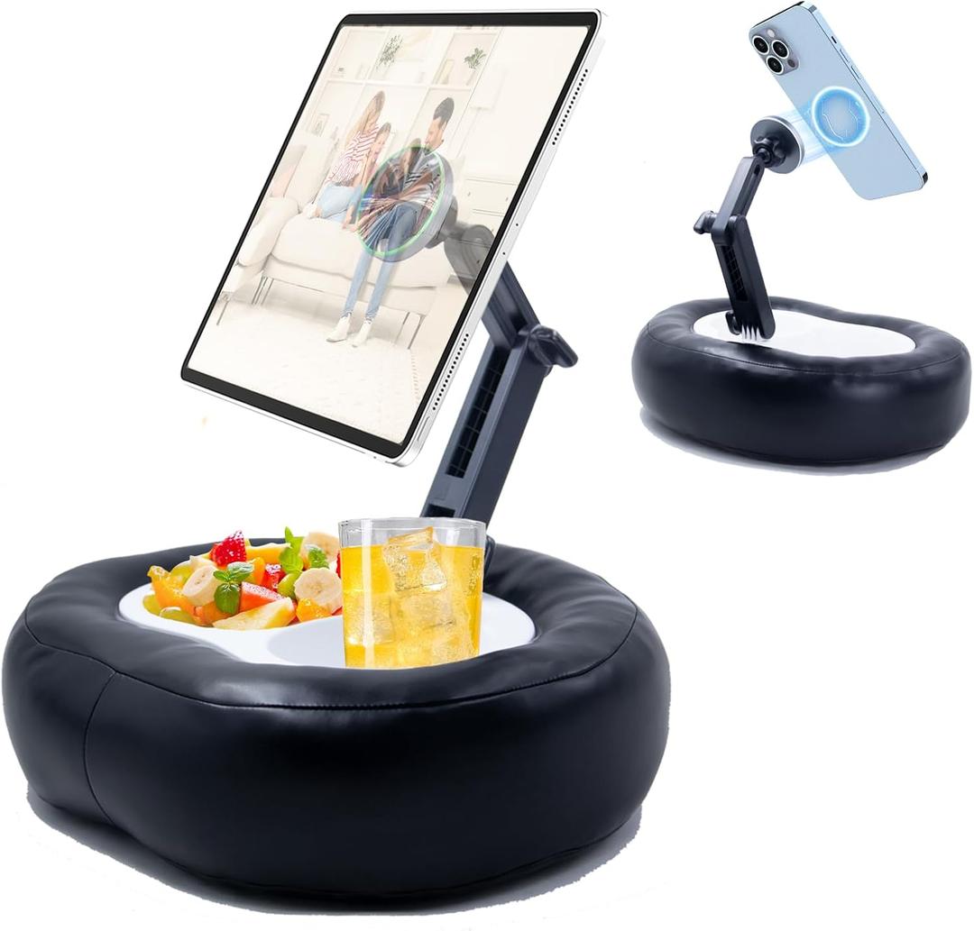 MAGNETIC TABLET PILLOW STAND WITH SNACK TRAY FOR 4–11" DEVICES | 360° ADJUSTABLE VIEWING WITH SOFT LEATHER SUPPORT FOR COMFORTABLE HANDS-FREE READING, STREAMING, VIDEO CALLS, AND TRAVEL.