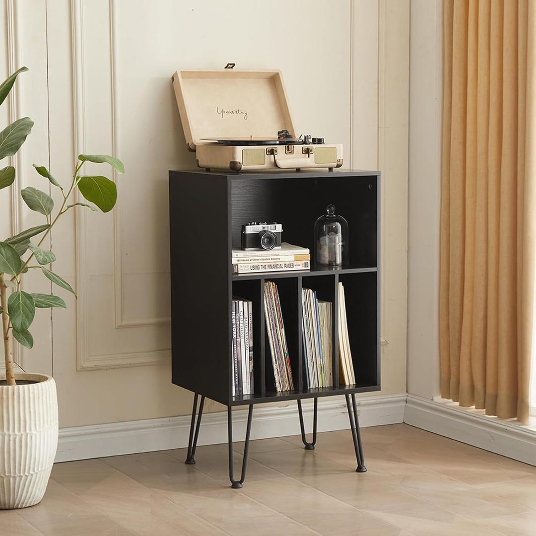 Record Player Stand with Vinyl Storage, Vinyl Record Storage Cabinet Holds Up to 150 Albums, End Table for Record Player, Turntable Stand with Record Storage for Living Room, Black