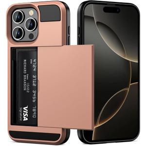 Vofolen Compatible with iPhone 16 Pro Max Case with Card Holder Dual Layer Heavy Duty Drop Protection Hidden Sliding Card Slot Slim Wallet Phone Case for Women Men, 6.9 Inch Rose Gold