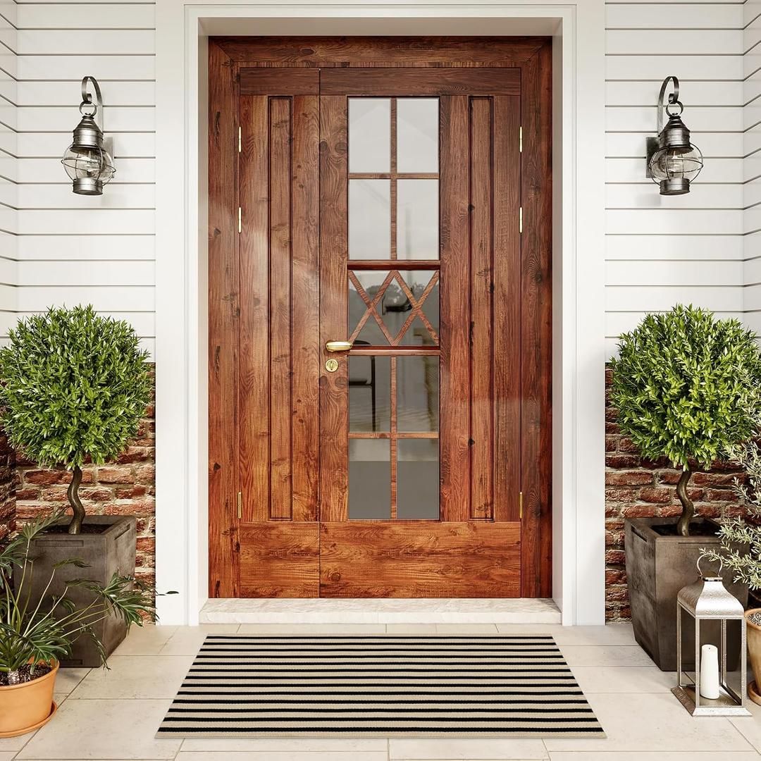LEEVAN Door Mat Outside Entrance Washable Welcome Mat Black and White Outdoor Rug Farmhouse Front Porch Mats Outside Striped Layered Front Doormat for Porch/Entryway, 2' x 4'3" (Rectangular)