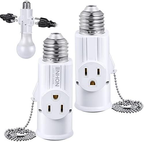 3 Prong E26 Light Socket to Plug Adapter, White Heat Resistant Light Socket 2/3 Prong Outlet Light Bulb Plug Splitter Converter for Garage Porch CCTV Camera (1 Pack)