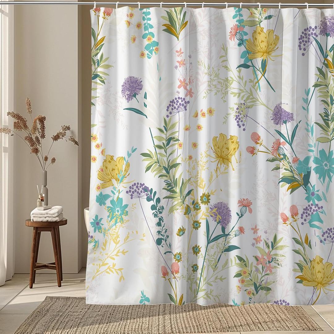 Floral Shower Curtain Yellow Purple Wildflower Spring Botanical Nature,Boho Floral Fabric Shower Curtain for Bathroom Decor 72x72 Inch
