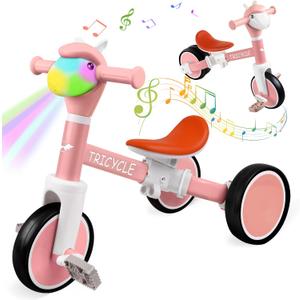 Kids Tricycle for 1-3 Year Olds Boys Girls, 4-in-1 Kids Balance Bike with Light & Music, Kids Tricycle for 3-5 Year Olds Boys Girls, KidsTrike with Removable Pedals(Basic Pink)