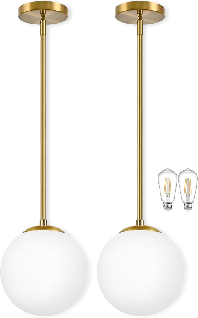 Bagood 10" Globe Pendant Light Gold 2 Pack Mid Century Pendant Light Globe Pendant Lights Kitchen Island Brushed Brass Finished with Milk Glass Adjustable Ceiling Light Fixtures for Dining Room Bar