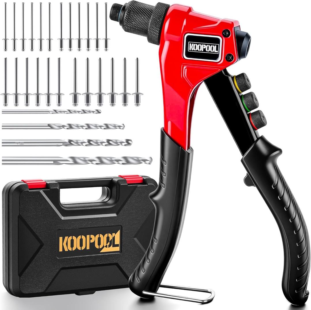 KOOPOOL Rivet Gun Kit, Adjustable Stroke Design Manual Pop Rivet Tool with 200 Rivets and 4 Drill Bits, 4 Tool-Free Rivet Heads, Heavy-Duty Hand Riveter with Sturdy Case for Metal, Plastic, Leather