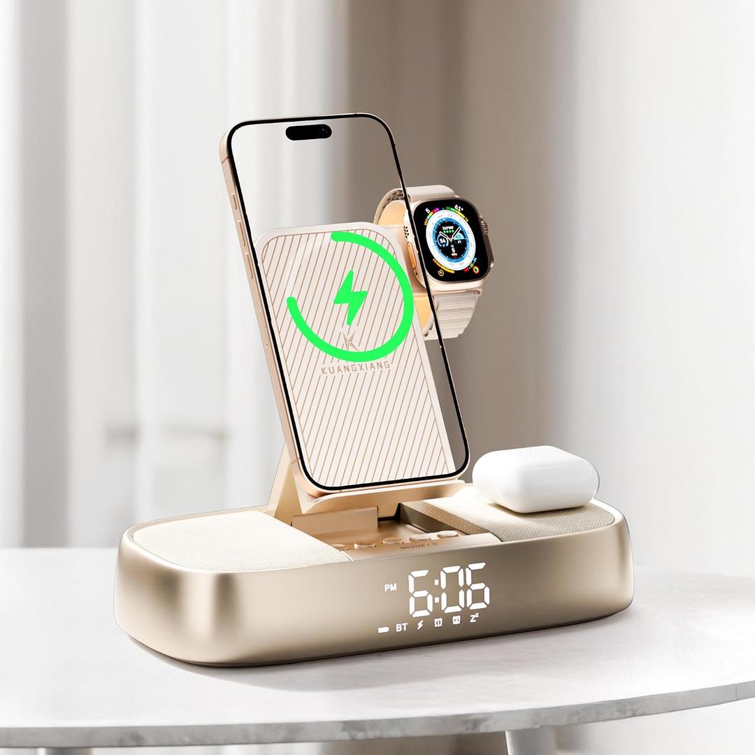 Bluetooth Speaker Alarm Clock with Wireless Charging, 15W Safe Fast Wireless Charger Station Phone Stand, 3 Level Bedside Night Light Protable Speaker, Mom Gifts Dual Digital Alarm Clocks for Bedrooms