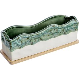 MyGift 13 Inch Large Rectangular Succulent Planter, Decorative Seafoam Green Glazed Beige Ceramic Indoor Plant Container Pot with Removable Bamboo Tray