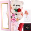 Bear Flower Bouquet for Women 15in Rose Plush Bear Gift Box, Artificial Bouquet Necklace & Card for Valentines Day, Graduation, Anniversary, Mothers Day,Girlfriend Gifts, (Pink,Rose)