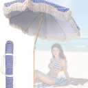 Umbrellas for Patios Outside with Fringe - 6ft Blue & White Stripes Patio Table Umbrella, Beach Umbrella, UPF 50+, Wind Resistant, Adjustable Tilt for Garden, Backyard, and Camping