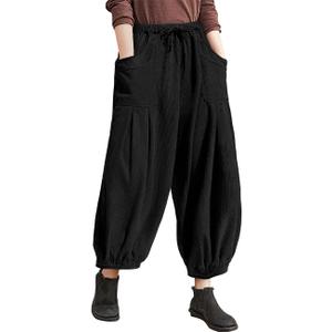 TARSE Womens Corduroy Pants Harem Casual Loose Fit Baggy Elastic Waist Lantern Fall Pants with Pockets, L