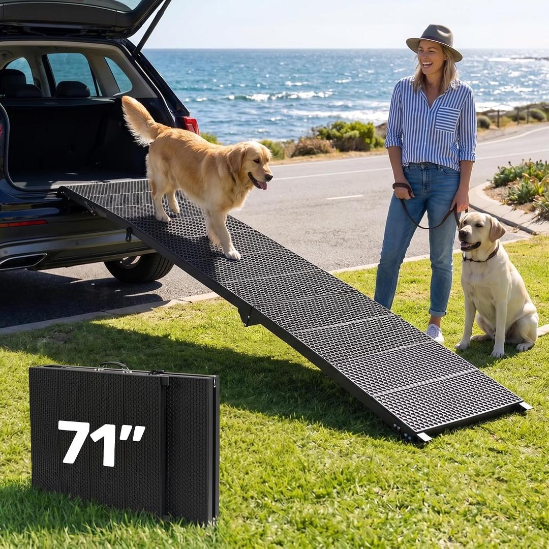 71" Extra Long Dog Ramp for Large Dogs, Heavy Duty Metal Frame Pet Ramp for High SUVs, Trucks and Cars, Portable Folding Travel Dog Ramps with Safety Latch, Supports up to 350lbs