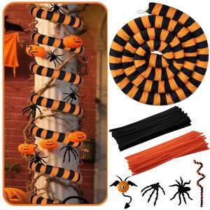 Watayo 118 Inch Halloween Worm Tree Decoration, Spooky Sandworm Tree Ornament with 100 Pcs Chenille Stems, Nightmare Black Orange Hanging Worms Decor for Christmas Holiday Party Home DIY Crafts
