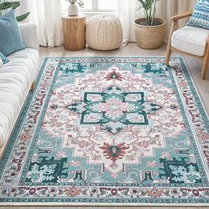 Boho Area Rugs 5x7 Washable Non-Slip,5 by 7 Low-Pile Retro Vintage Oriental Inspired Persian Style Bohemian Rug with Rubber Backing,Blue Carpet for Living Room,Bedroom,Dining Room Under Table,Office Light Blue