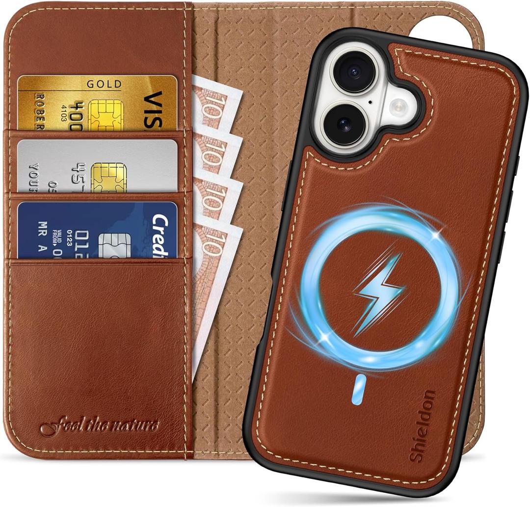 SHIELDON Detachable Genuine Leather Wallet Case for iPhone 17 6.3-inch | 2-in-1 | Wireless Charging | Magnetic Closure | RFID Blocking Credit Card Slot | Kickstand | Full Protection | Retro Brown