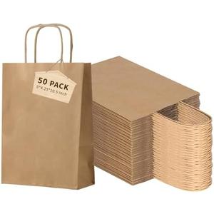 FACEBAG 50-Pack Brown Paper Bags with Handles Bulk, 8x4.25x10.5 Inches,Medium-sized Gift Bags with Handles for Party FavorsTake-OutGrocery Shopping & RetailReusable & Durable