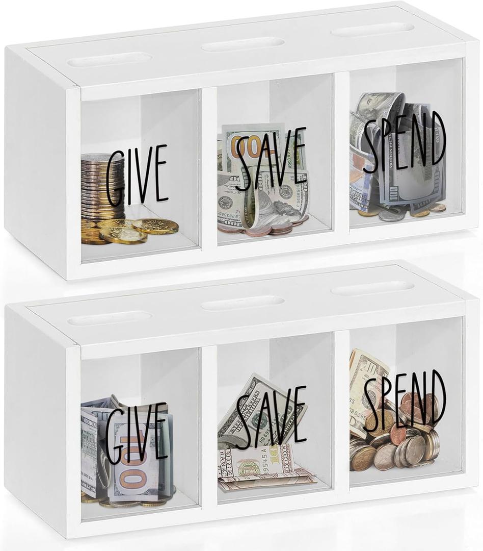 2 Pcs Piggy Bank for Kids Girls Boys, Wooden Give Save Spend Bank for Money Saving Box, Rustic Coin Banks for Adults, Change Coin Jar for Piggy Bank Toy, Early Ideas for Kids