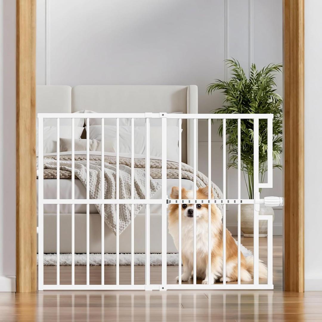 10-Second Quick Install Pressure Mounted Dog Gate for Pets,Adjustable 29'' to 43'' Wide Metal Pet Gate for Doorways Stairs,No Drilling,Expandable,24'' Tall Portable Safety Gate for Indoor Outdoor (White)