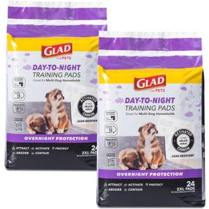 Glad for Pets Day to Night Activated Carbon Puppy Training Pads, Odor Control Disposable Dog Pads with Adhesive and Wall Protection, Leak Proof and Super Absorbent, 30 x 36 Inch, 24 Count - 2 Pack