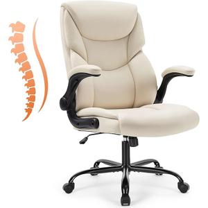 Sweetcrispy Ergonomic Office Chair Heavy Duty Task Desk Chair with Flip-up Arms, PU Leather, Adjustable Swivel Rolling Chair with Wheels, Beige