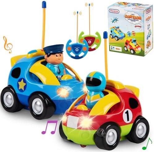 Prextex 1 Pack Cartoon Remote Control Cars for Toddlers - Police Car and Race Car with Steering Wheel Controllers and Lights - Different Frequencies So Both Can Race Together - Toddler Gift 18+ Months