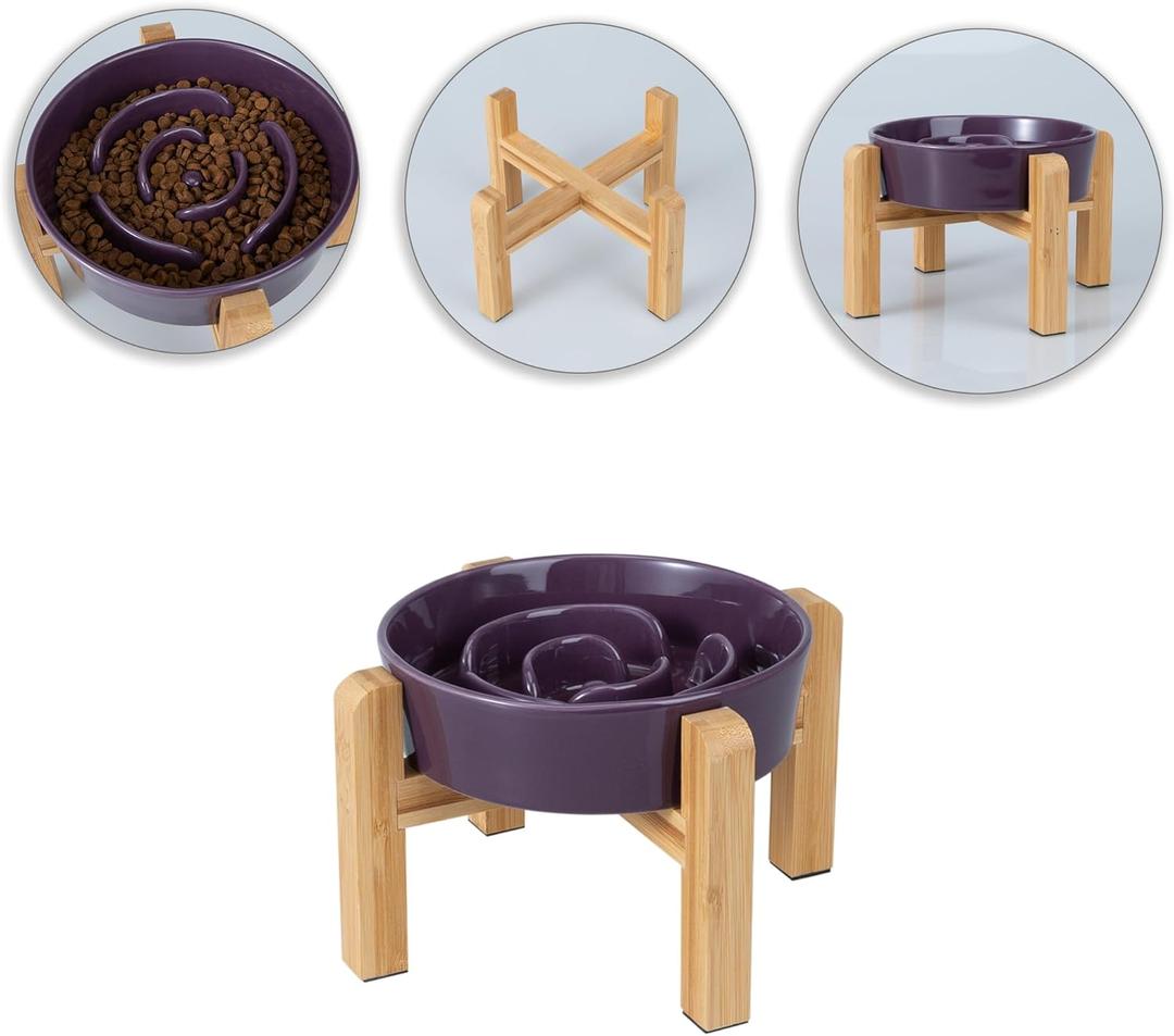 Elevated Slow Feeder Dog Bowl - Ceramic Maze Food Dish with Bamboo Stand - Raised Feeding Bowl for Fast Eaters - Ideal for Small and Medium Dogs - Purple - 6.7 inch (1.25 CUP)
