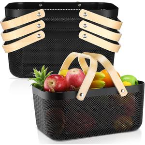Sadnyy 4 Pcs Plastic Mesh Garden Harvest Basket Storage Basket with Wooden Handle Multi Functional Mesh Bin for Kitchen Cabinet Picnic Fruit Vegetable Gathering Organizer(Large,Black)