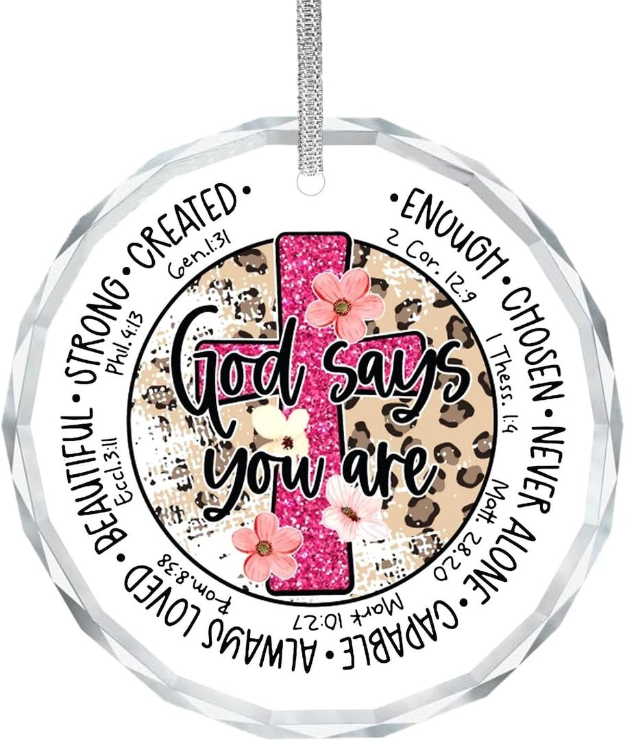 Christian Crystal Ornaments, God Says You are Scripture Floral Keepsake Decorations, Inspirational Christian Gifts for Women Teen Girls, Decorative Hanging Ornament
