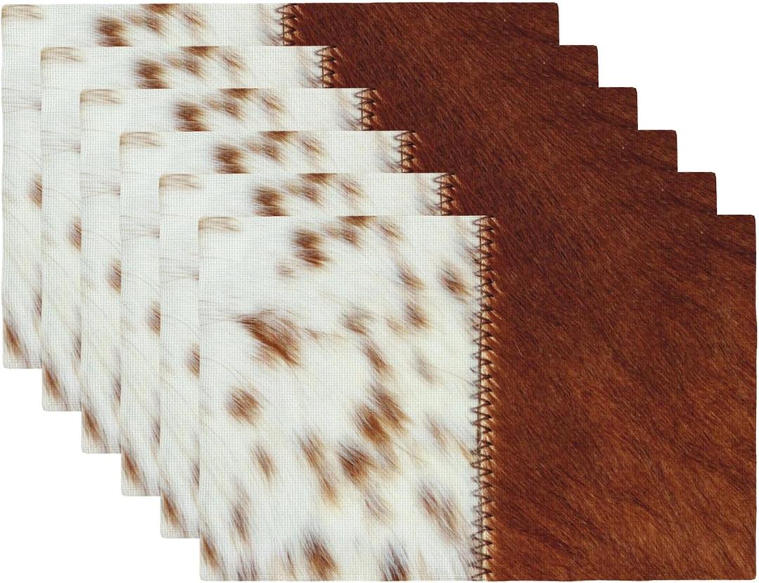 Cow Print Placemats Set of 6 Brown Cowhide Western Style Place Mats Rustic Animal Skin Farmhouse Rectangle Table Mat Linen Washable Placemat for Party Kitchen Dining Decor 12x18 Inch