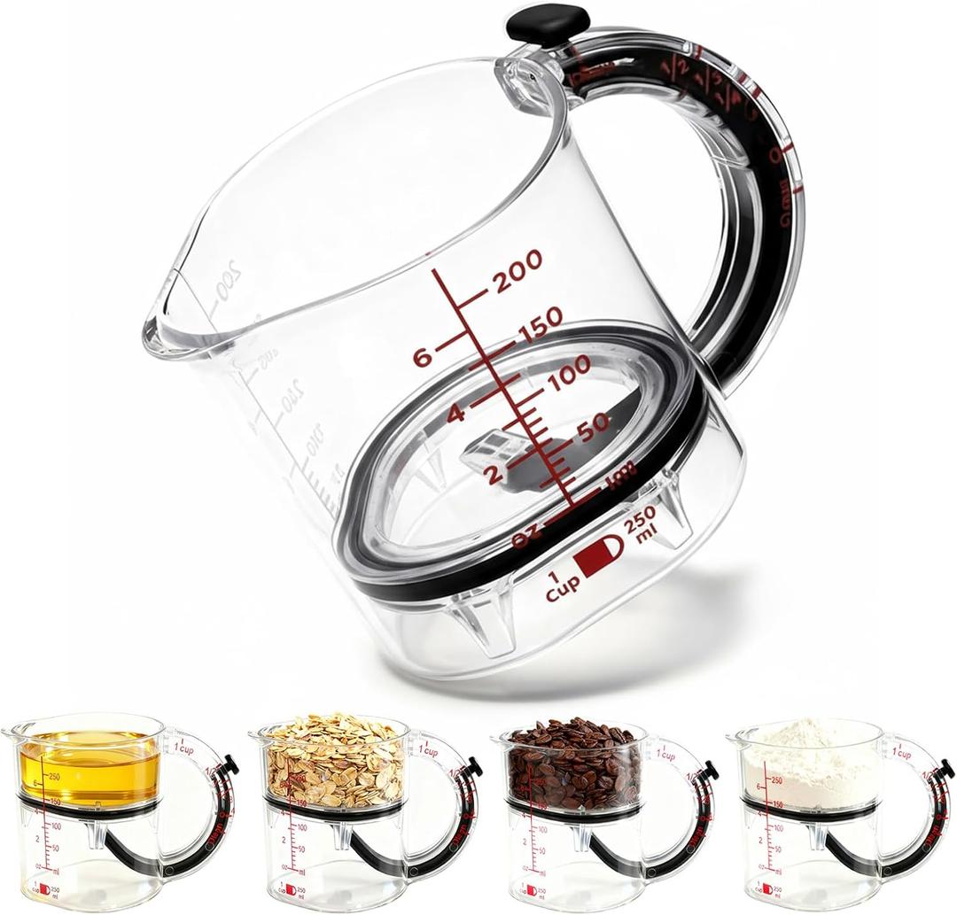 4-in-1 Adjustable Measuring Cup - Multi-Functional Measuring Cup, with Adjustable Base & Scraper-Style Seal Base, Space-Saving Easy to Clean for Cooking and Baking & Ingredients