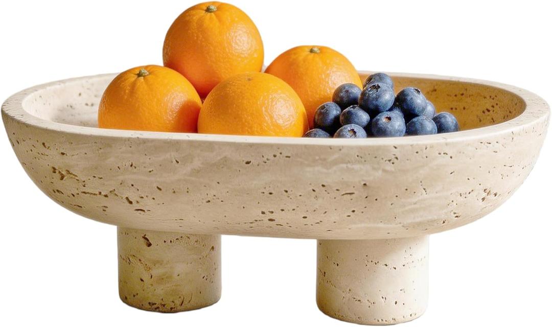 Natural Travertine Fruit Bowl, Multi-Functional Oval Stone Tray with Two Elevated Legs, Decorative Organizer for Fruit, Jewelry, Keys in Kitchen, Living Room, Entryway