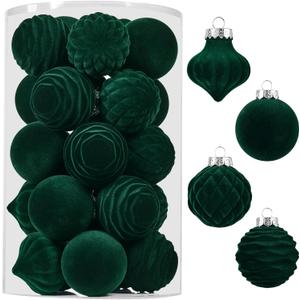 Wironlst Velvet Ornaments for Christmas Tree, 4 Style Flocked Matte Velvet Christmas Ball Ornaments, Shatterproof Decor for Xmas Tree Wedding Holiday Party Home(2.36" 25pcs Green)