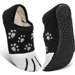 ATHMILE House Slippers for Women Men Indoor Barefoot Slippers Socks Furry Slip on House Shoes Cozy Comfy for Home Bedroom Travel Yoga (9-10 Women/8-9 Men, Black Cat Paw)
