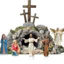 Bucherry 7 Pcs Easter Resurrection Scene Set Religious Wooden Easter Cross Shaped Table Decoration Jesus Nun Statue Centerpieces Christian Figurines Empty Tomb Easter Scene for Home Easter Gift