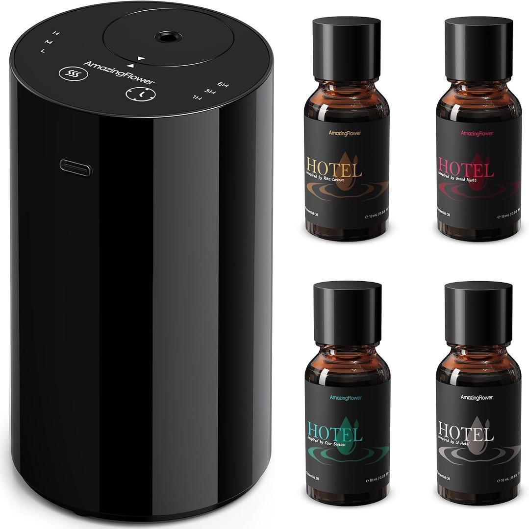 Waterless Essential Oil Diffuser Starter Kit with 4x10mL Hotel Scent Fragrance Oils, Rechargeable Mini Car Diffuser Scent Air Freshener Machine, Portable Aroma Diffuser for Home Car Office, Black