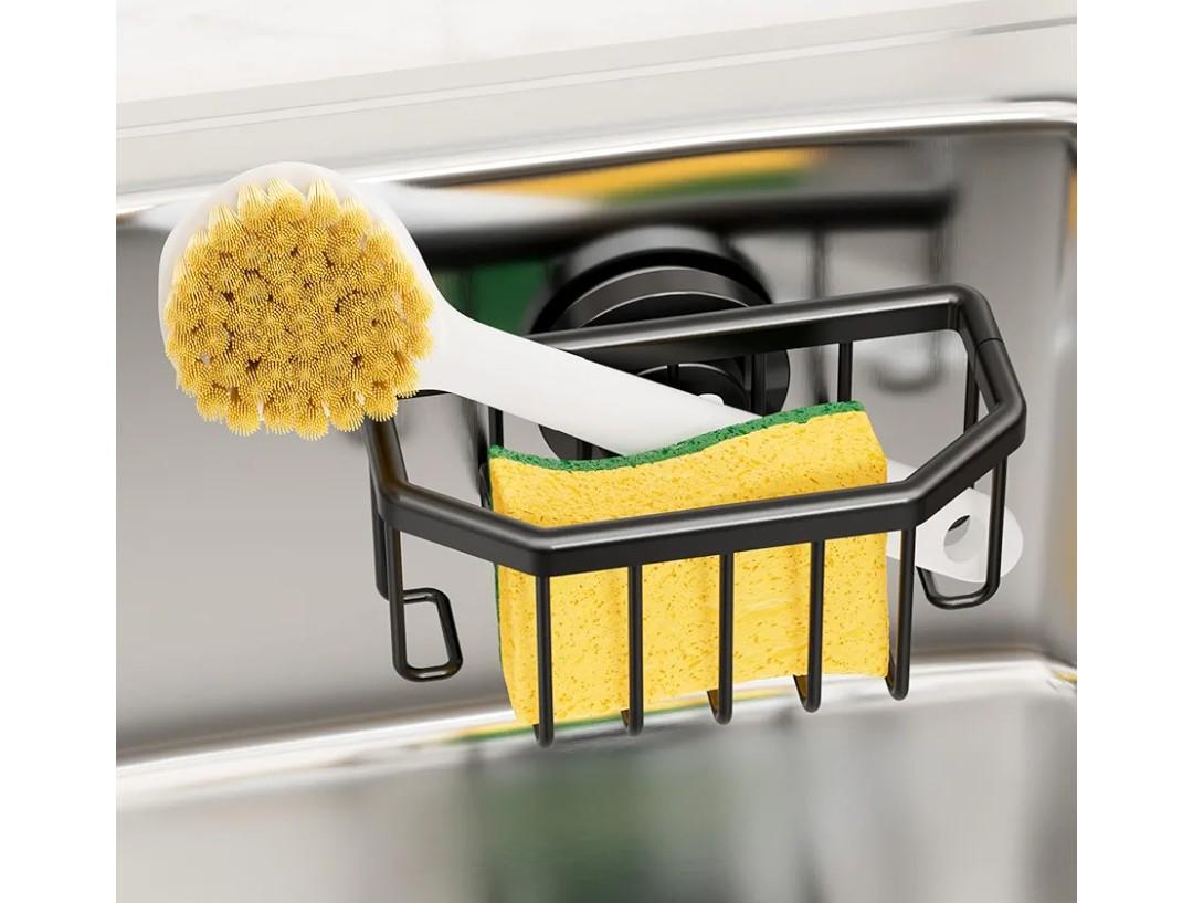 TAILI Sponge Holder with Strong Suction Cup, Dish Sponge Caddy Inside Sink Removable, Rustproof Aluminum for Sponges, Brushes, Stoppers and Scrapers - Black