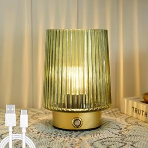 Cordless Lamp Rechargeable Battery Operated lamp, Glass Small Table lamp - Portable Dimmable Brightness Touch Wireless Bedside Lamp for Bedroom Kitchen Dining Home Living Room Decor Grey (Green)