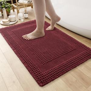 AMOAMI Waffle Bath-Mat, Absorbent Bath Mats for Bathroom Non Slip, Machine Washable Bathroom Rugs with Tassels Ultra Soft Boho Bath Rugs for Floor 17"x24" Red