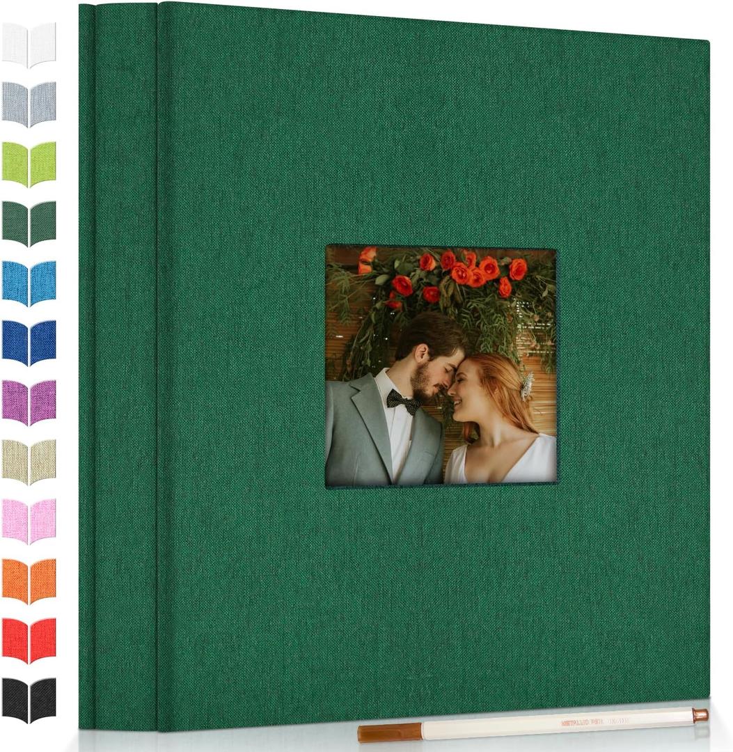 Photo Album Self Adhesive Scrapbook Album for 3x5 4x6 5x7 8x10 Pictures,40 Pages Linen Cover with Display Window DIY Photo Book,Ideal Gifts for Family Travel Wedding Baby (Dark Green)