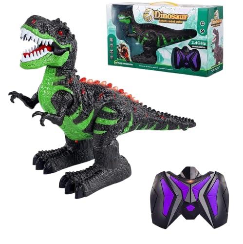 Remote Control Dinosaur Toy, Walking T-Rex with Lights and Sounds, Black and Green, RC Toy for Kids